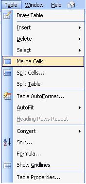 image of Table drop-down menu in Word 2003
