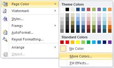 image about Page Color of Format Menus in Word 2010
