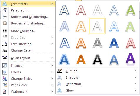 image about Text Effects of Format Menu in Word 2010