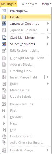 image of Mailings Menu in Word 2010