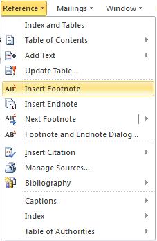 image of Reference menu in Word 2010