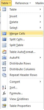 image of Table drop-down menu in Word 2010