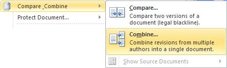 image about Compare and Combine of Tools menu in Word 2010