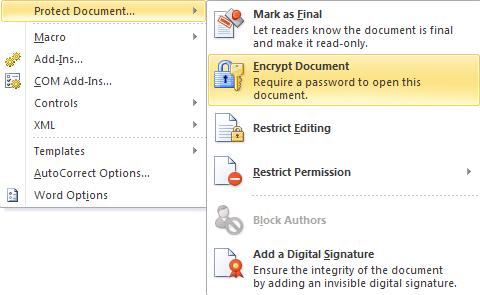 image about Protect Document of Tools Menu in Word 2010