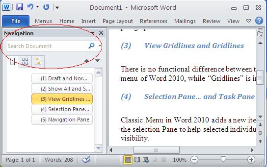 image about Navigation Pane of View menu in Word 2010