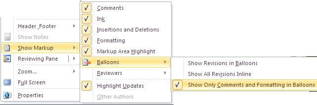 image about Show Markup of View Menu in Word 2010