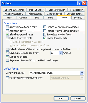 Microsoft Word 2003 Options Window