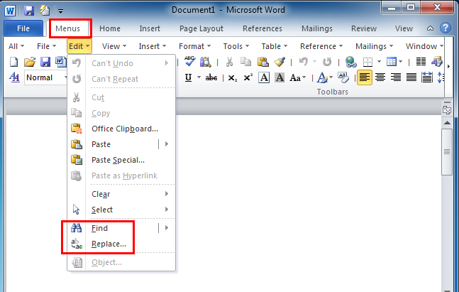 microsoft word find and replace command