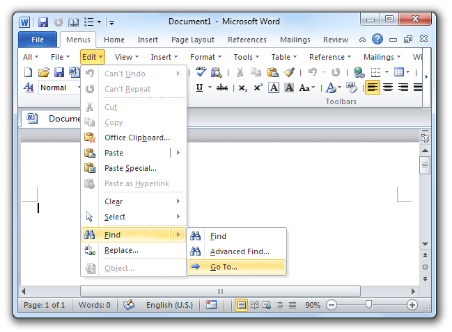 shot: Go To command in Word 2007/2010 Edit Menu