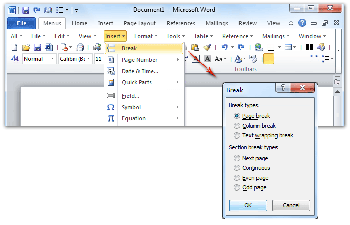 shot: Page Break in Word 2010's Insert Menu