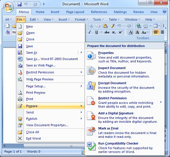 shot: Prepare commands in Word 2007 File Menu