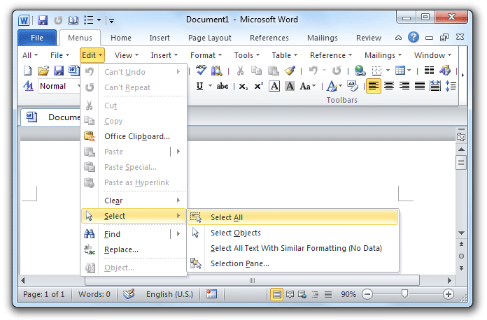 shot: Select All command in Word 2007/2010 Edit Menu