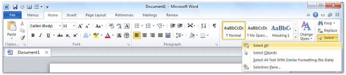 shot: Select All command in Word 2007/2010 Edit Menu