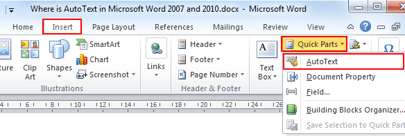 Where is the Insert AutoText in Microsoft Word 2007, 2010, 2013, 2016, 2019 and 365