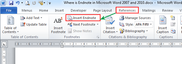 how to place an endnote word 2013