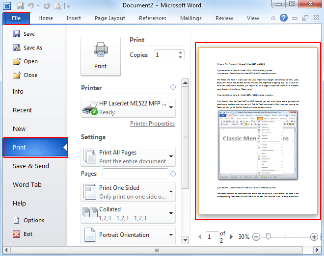 Where Is The Print Preview In Microsoft Word 2007 2010 2013