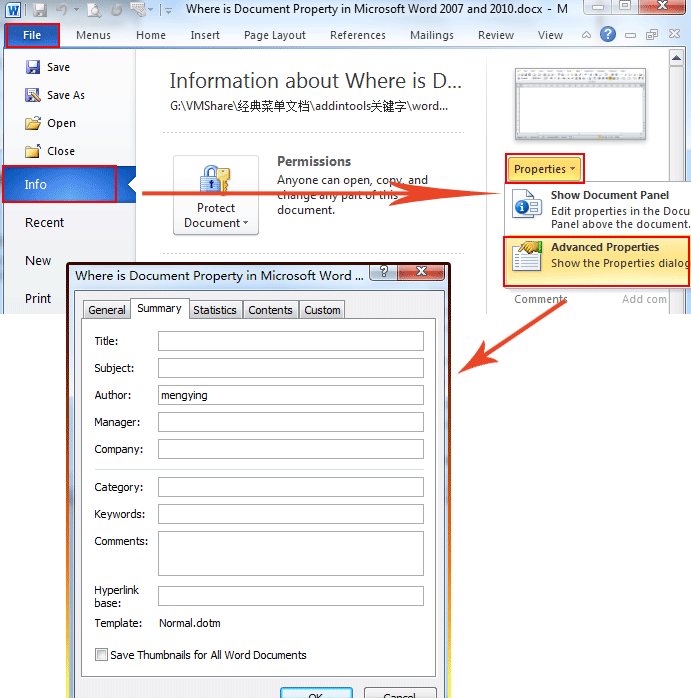 the keywords in the document properties word 10