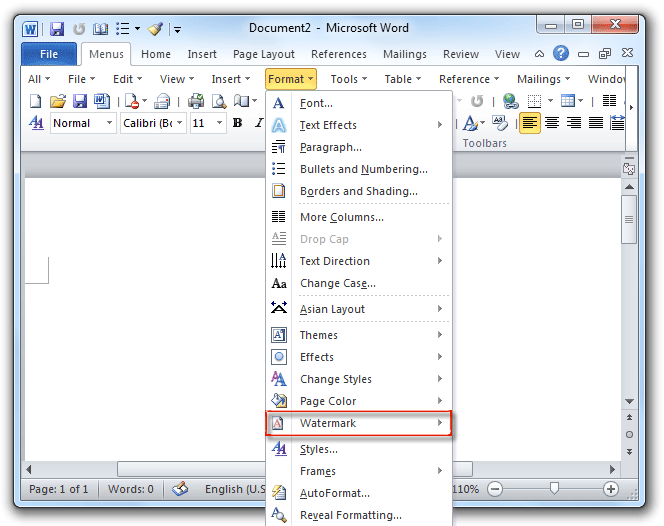 shot: Watermrk command in Word 2007/2010 Format Menu