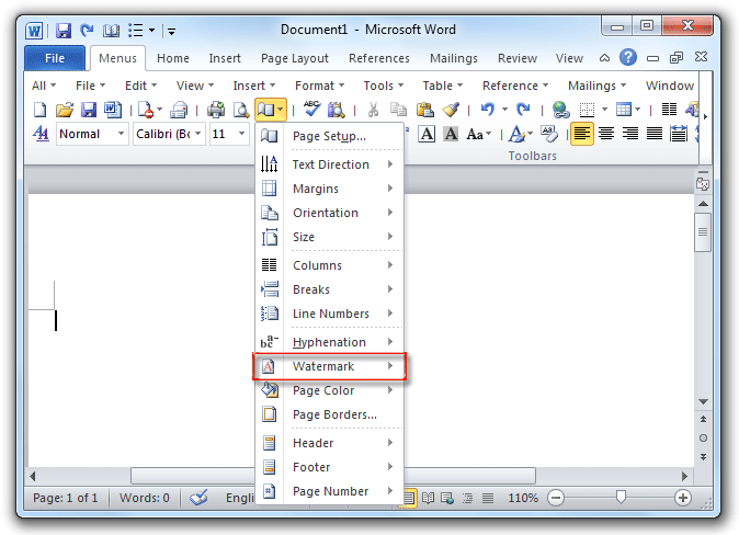shot: Watermark command in Word 2007/2010 Toolbars