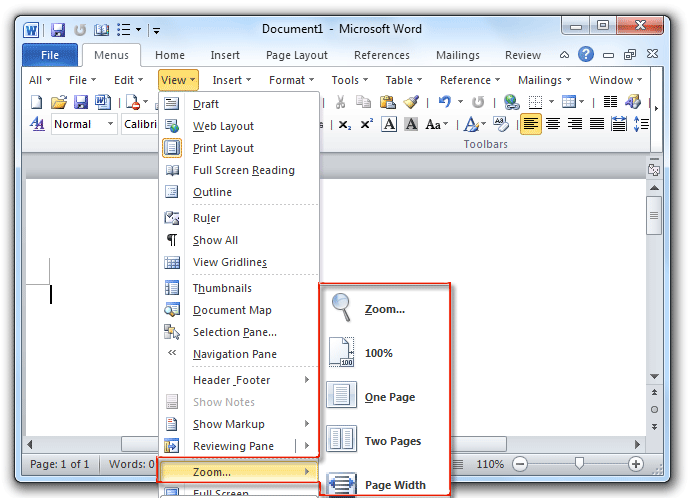 shot: Zoom feature in Word 2010's View Menu