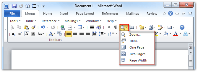 shot: Zoom button in Word 2010's Toolbars