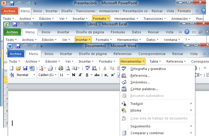 Donde está el menú de Herramientas en Office 2007, 2010 y 2013