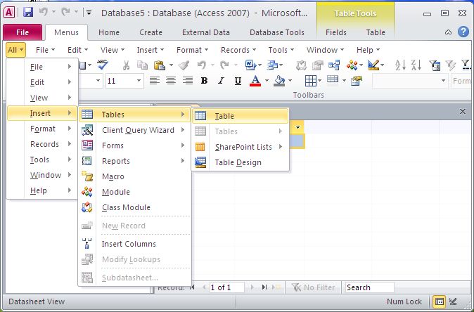 All menu in Microsoft Access 2010