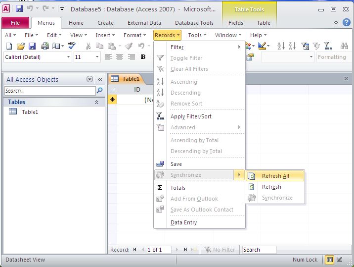 Records menu in Microsoft Access 2010
