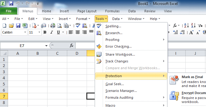 Screen Shot of Classic Menu for Excel 2010